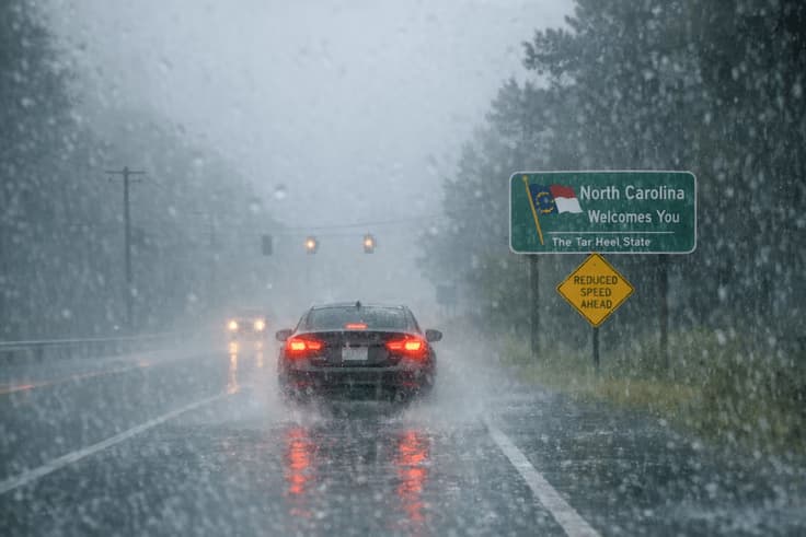 Hazardous driving situation with rain and low visibility on North Carolina highway