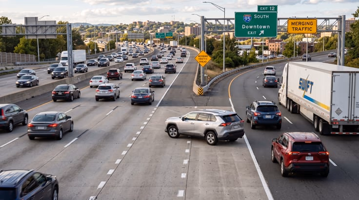 Cars merging into highway traffic from the right lane at a merge sign