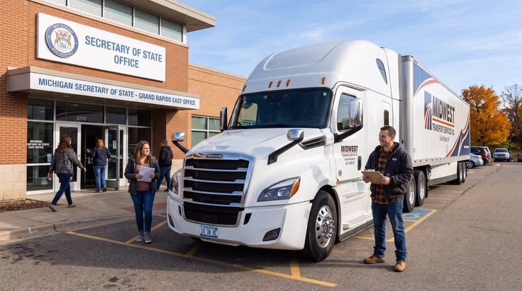 Michigan CDL applicant standing next to a semi truck at a Secretary of State office