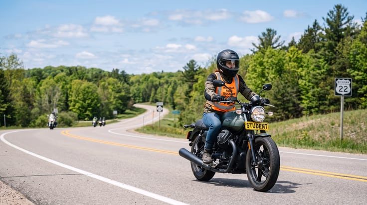 How to get a motorcycle license in Michigan: rider on road preparing for CY endorsement