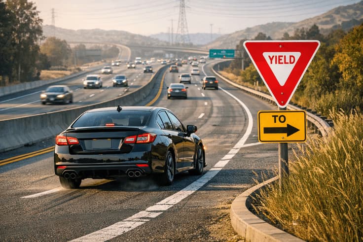 How to merge on highway with yield sign showing a vehicle using the on-ramp to match freeway speed