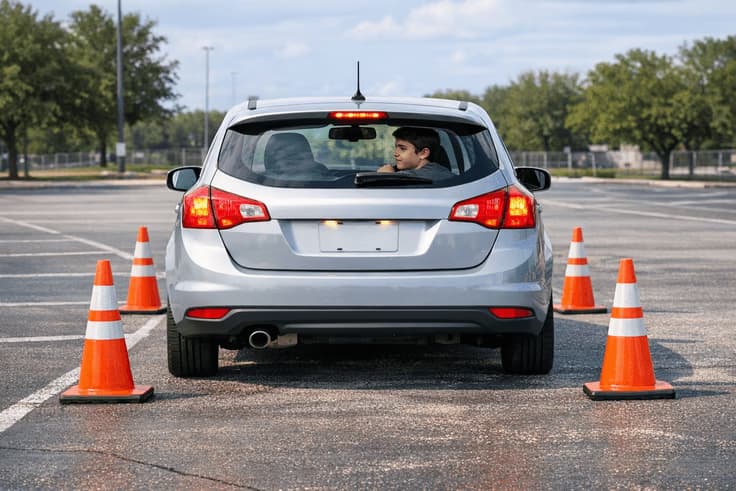 Driver practicing how to pass maneuverability test Ohio reverse portion between cones