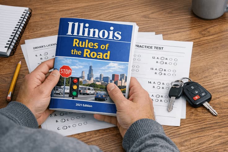 Studying how to prepare for driving test in Illinois with the Rules of the Road handbook and practice tests