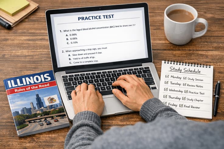 Study plan using Illinois DMV practice tests and the Illinois Rules of the Road handbook to pass the Illinois driving test