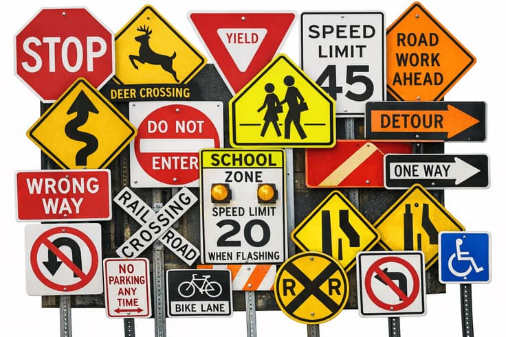 Road signs commonly tested on the Illinois written driving test including warning and regulatory signs