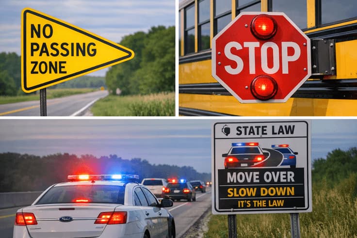 Illinois driving test practice questions focus on road signs, school bus stopping rules, and Move Over law safety rules