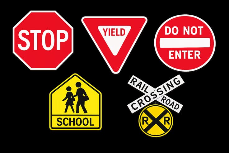 Road signs to study for the Illinois driving test including stop yield and school zone signs