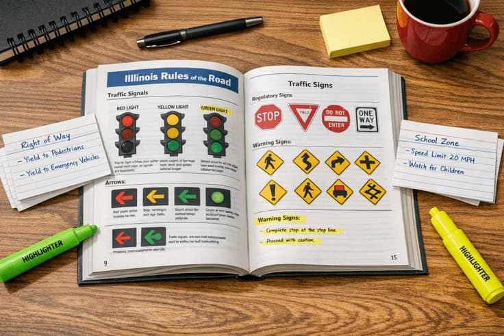 Illinois Rules of the Road handbook study setup for what are the 35 questions on the Illinois driving test
