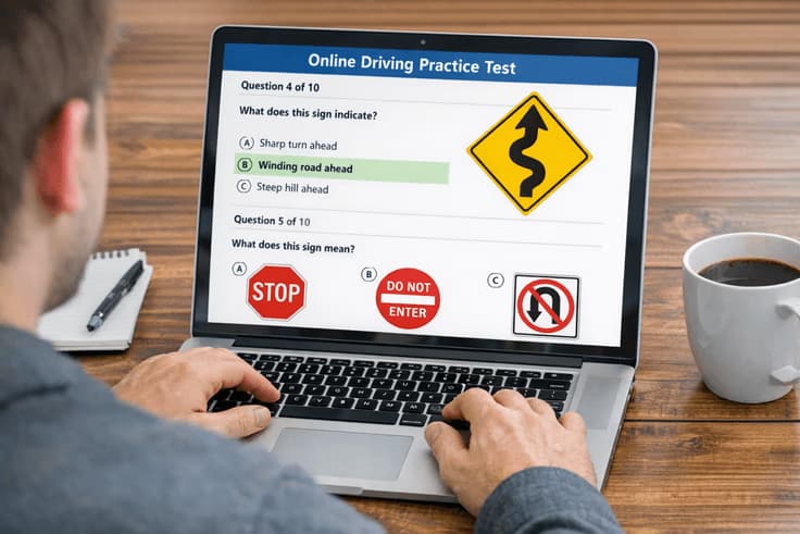 Taking an Illinois rules of the road practice test online for illinois driving exam practice