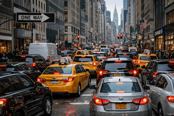 Is driving in NYC hard - congested one-way street in Midtown Manhattan showing gridlock traffic