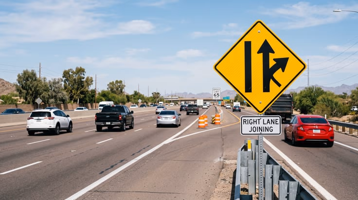 Yellow diamond merge sign warning that another lane joins from the right