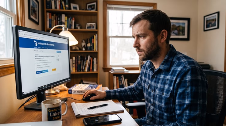 MI CDL practice test on a laptop with multiple choice questions
