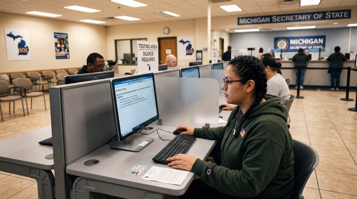 Michigan CDL general knowledge test on a computer at a Michigan Secretary of State office