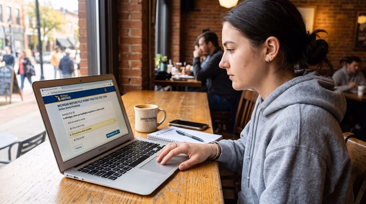 Michigan motorcycle practice test on laptop showing multiple choice permit test questions