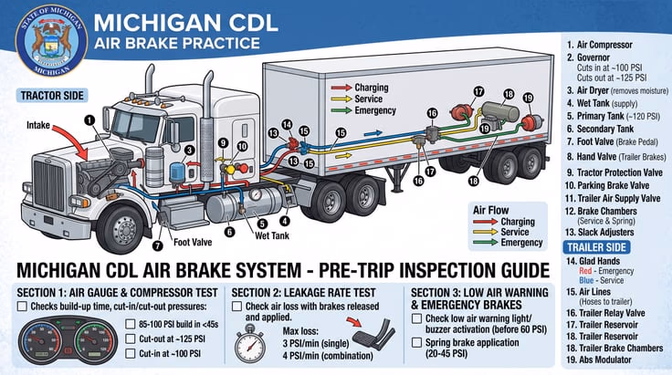 Air brake system on a commercial truck for Michigan CDL air brake practice test