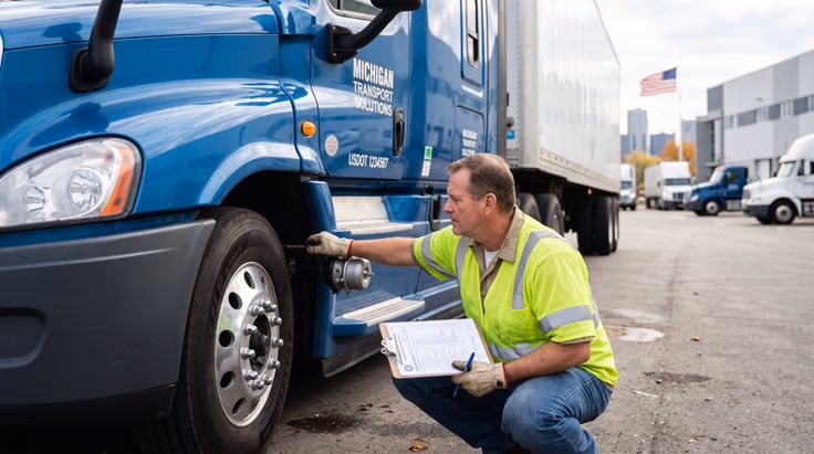 Truck driver inspecting cargo and vehicle for Michigan CDL general knowledge test
