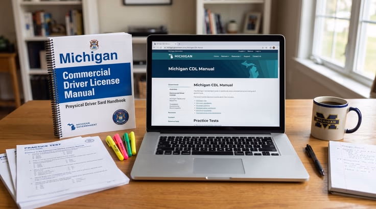 Michigan CDL permit test study guide and practice test on laptop