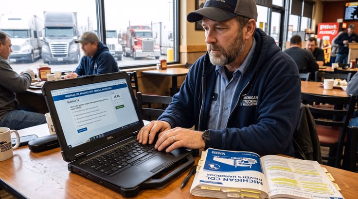 Michigan class A CDL practice test and Michigan CDL class B practice test on laptop