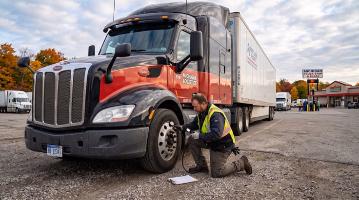 Michigan CDL road test requirements - driver doing a pre-trip inspection on a commercial truck