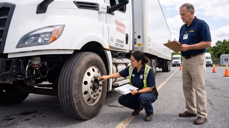 Michigan CDL skills test pre-trip inspection on a Class A semi truck