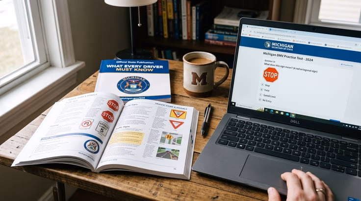 Michigan driving license written test study manual and practice test on laptop