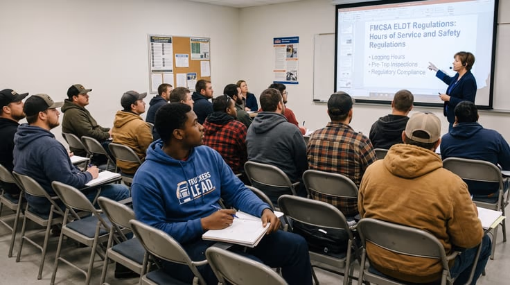 Michigan CDL student completing ELDT entry-level driver training in a classroom