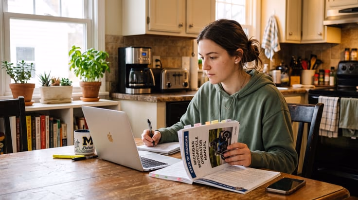 Michigan motorcycle permit test study setup with manual and laptop for practice questions