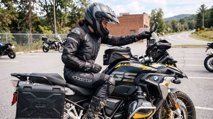 Motorcycle rider checking protective gear and controls covered in Michigan motorcycle permit test questions
