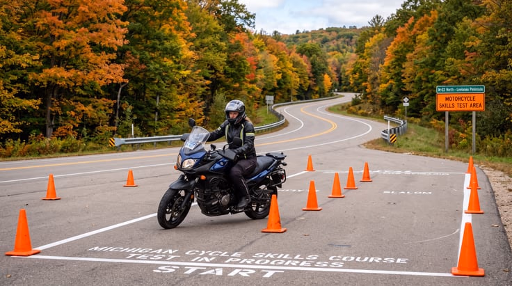 Motorcycle rider approaching Michigan motorcycle road test cone course