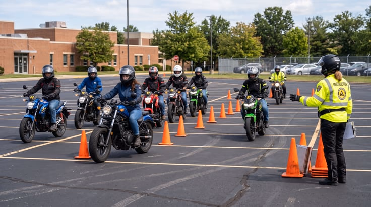 Michigan motorcycle safety course students practicing skills for road test waiver