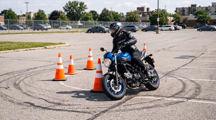 Motorcyclist practicing U-turn for Michigan motorcycle on-cycle skills test