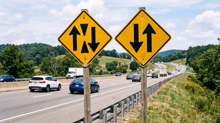 Michigan driving license test road signs showing divided highway and two-way traffic signs
