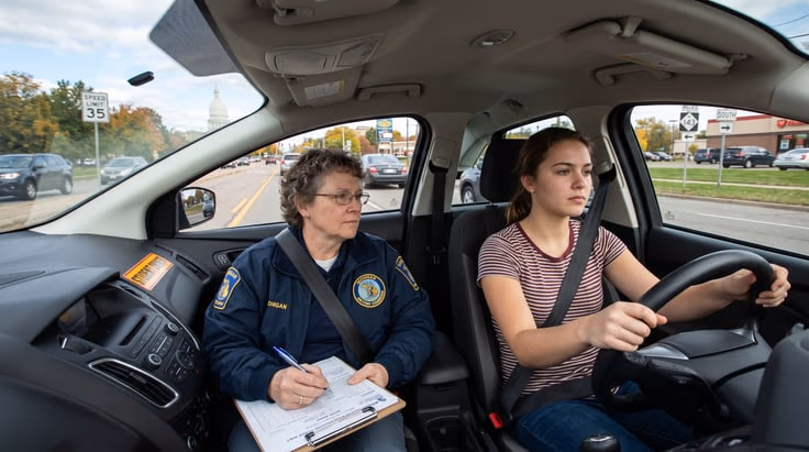 Michigan road skills test appointment with state-approved examiner in the car