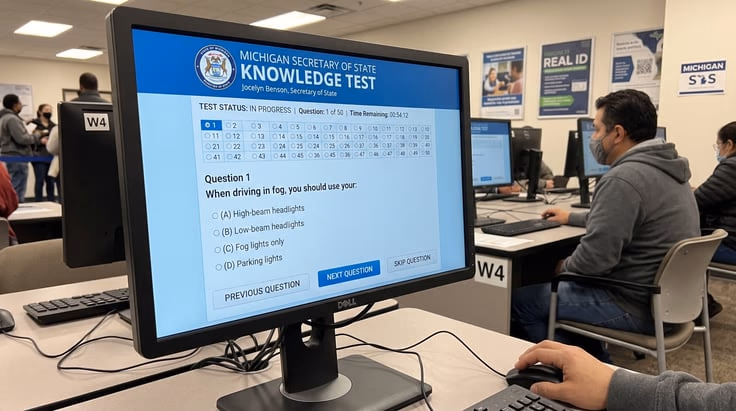 Michigan driver's license knowledge test on a computer screen with multiple choice questions