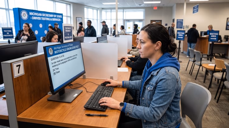Applicant taking the Michigan SOS motorcycle test on a computer at a Secretary of State branch