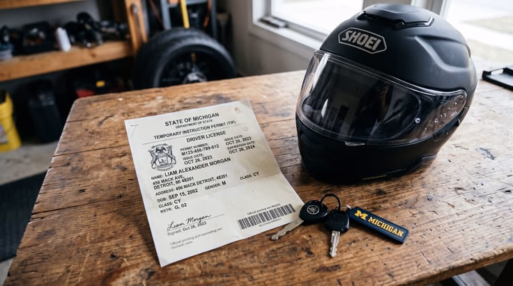 Michigan Temporary Instruction Permit with helmet for motorcycle road test preparation