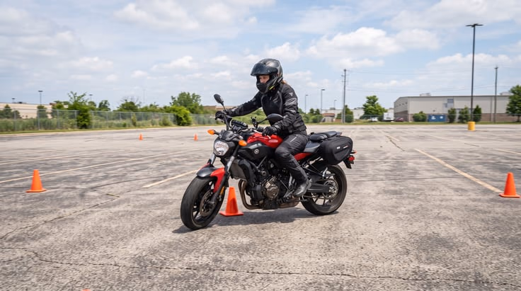 Michigan motorcycle TIP practice in empty parking lot, no passengers, daylight only