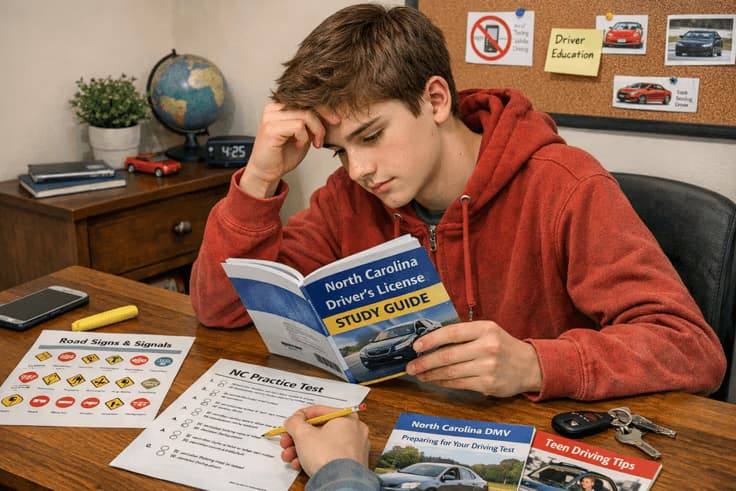Student preparing for NC driving knowledge test and permit test practice in North Carolina