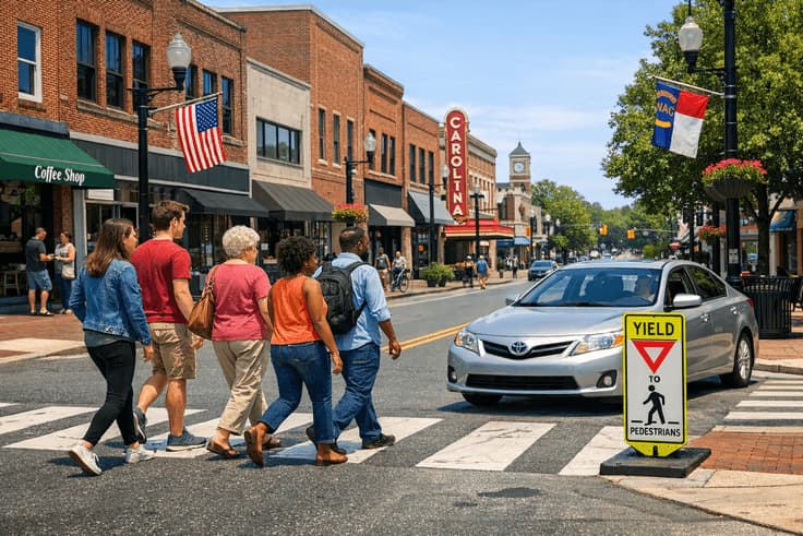 Pedestrians crossing at a crosswalk in NC illustrating pedestrian right-of-way rules