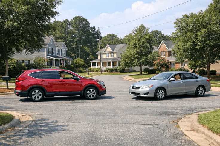 Two cars at an unmarked intersection illustrating NC right-of-way rules confusion