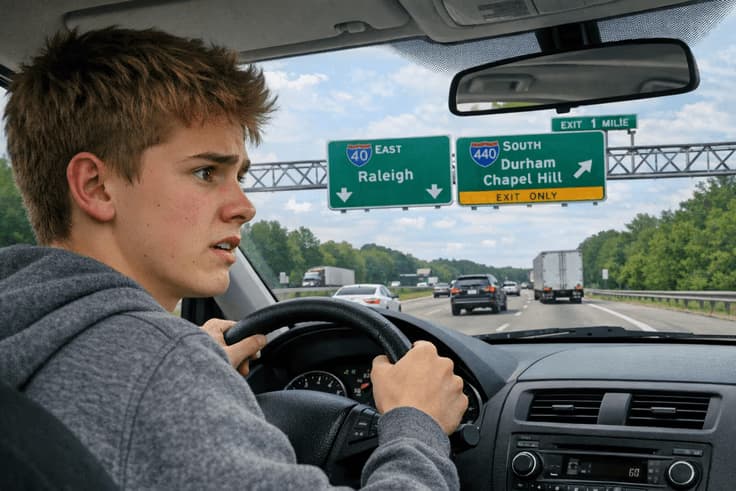 New driver learning how to avoid car accidents on a North Carolina road