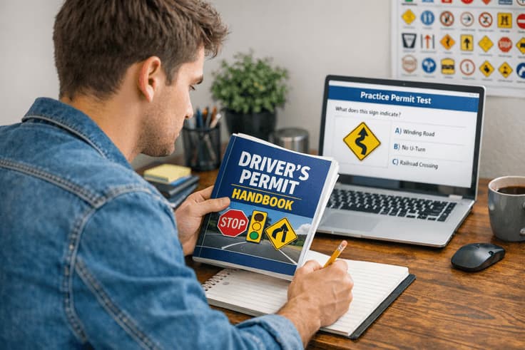Studying for the new york city permit practice test with a driver's handbook and laptop