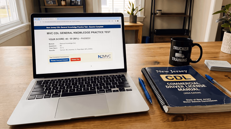 NJ CDL general knowledge practice test on laptop with New Jersey driver manual