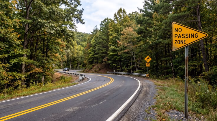 No passing zone road sign on rural two-lane highway with solid yellow center line at a blind curve