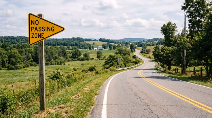Yellow pennant-shaped no passing zone sign on left side of two-lane road