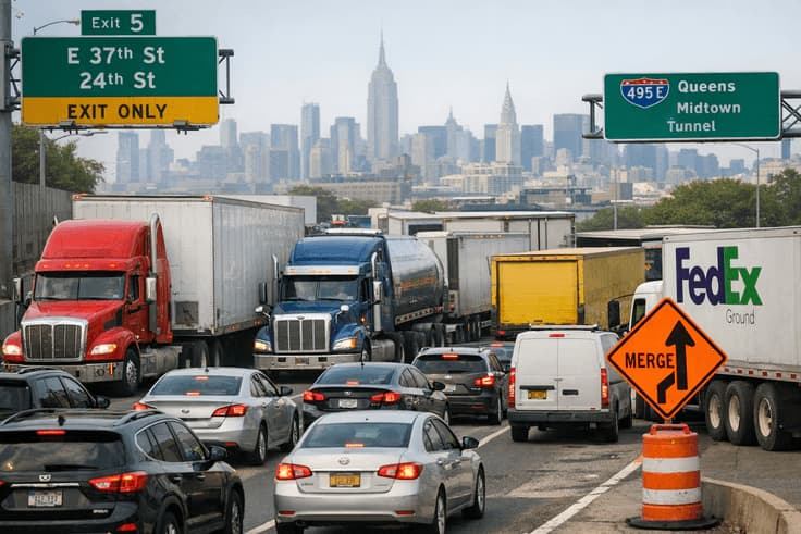 NY highway with commercial vehicles navigating dense traffic, reflecting CDL permit test NY driving scenarios