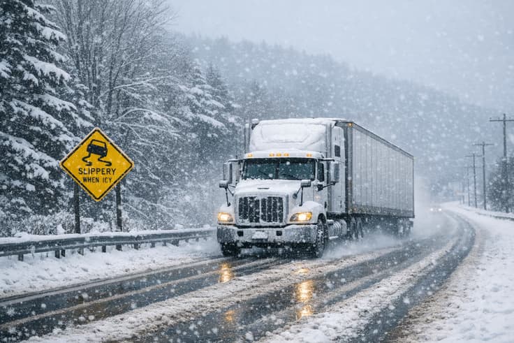 Commercial truck navigating winter road conditions in upstate New York, a scenario tested on the NY CDL general knowledge practice test