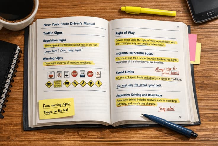 New York driver's manual used to study for the NY DMV permit test