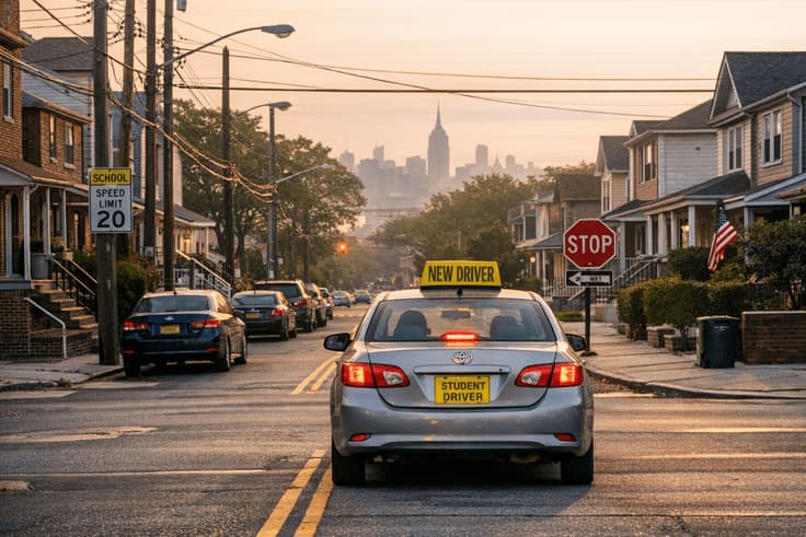 New driver transitioning from the ny state driving test to real driving on a quiet Queens street