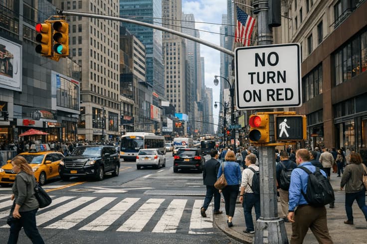 NYC intersection showing no right turn on red sign relevant to NY state permit test practice